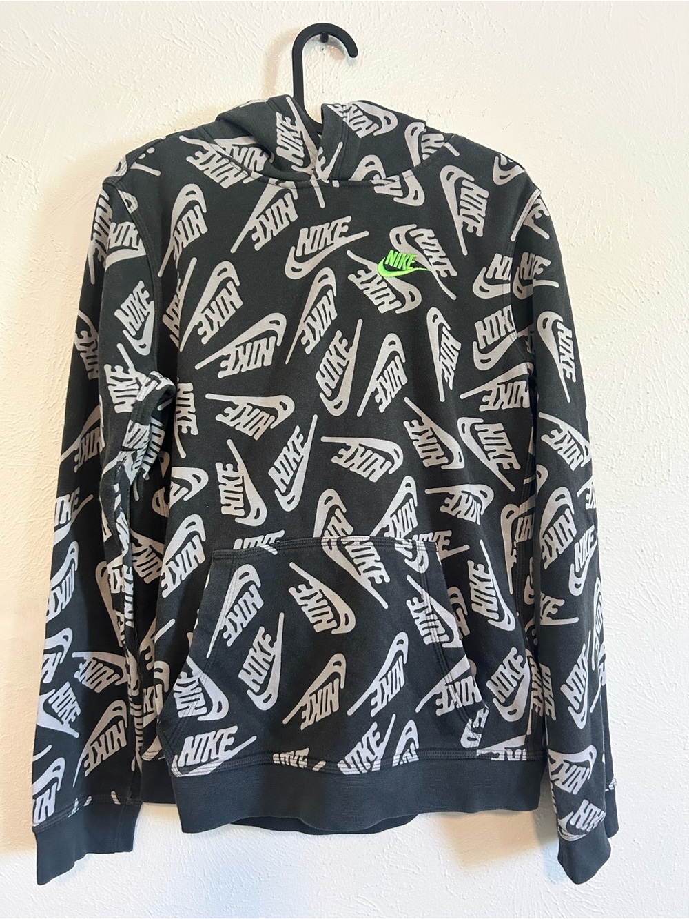 Nike Black Hoodie with All-Over White Logo Print and Neon Green Swoosh